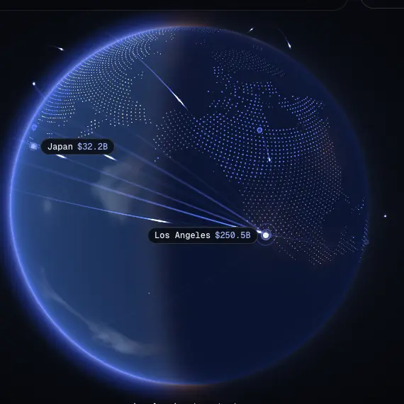 Before: the home globe drawn as a field of blue dots with trade arcs to Los Angeles.