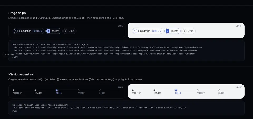 The shared kit page: label chips and a timeline rail, each shown in the dark and light themes.