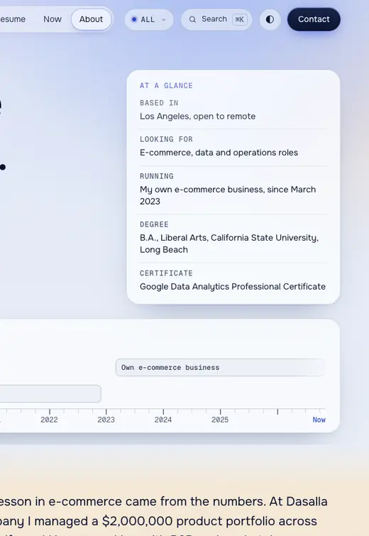 Before: the About page in the light theme with a lavender tint behind the header and the at-a-glance card.