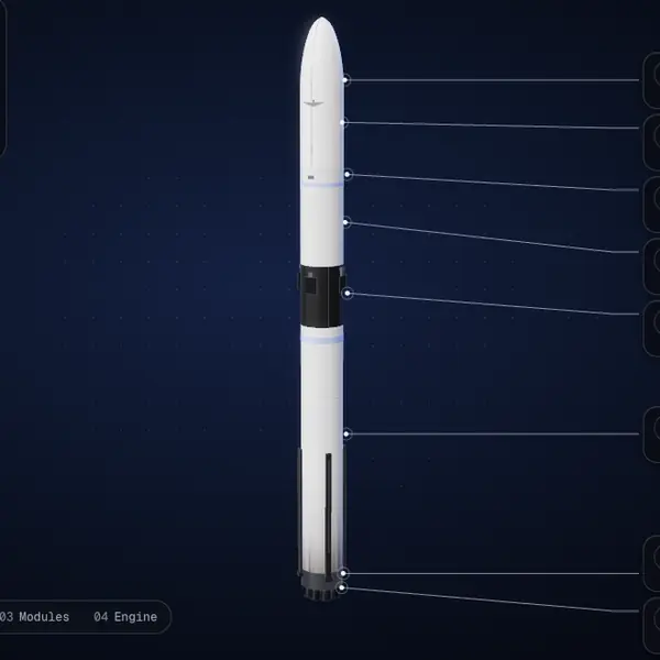 Version 1: the rocket on a plain dark blue background with leader lines to cards off to the right.