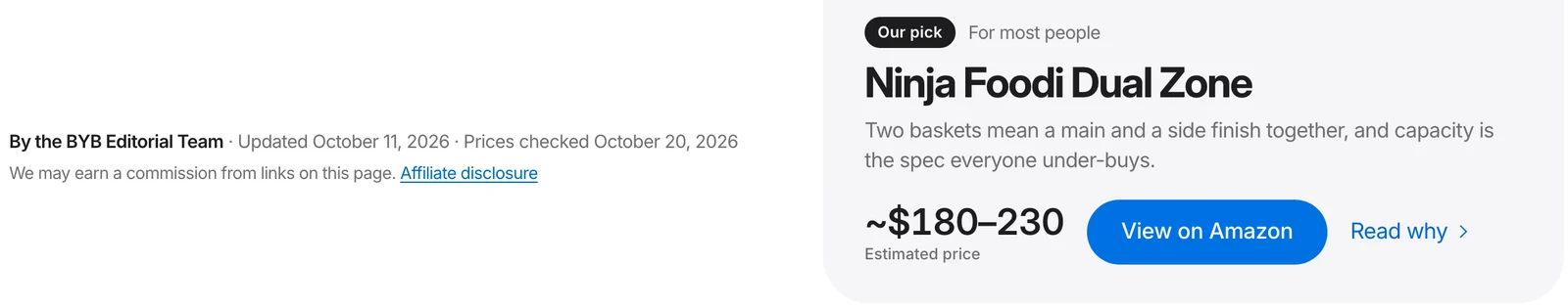 Detail of a buying guide: the top pick with its estimated price range, and the line "Prices checked October 20, 2026".