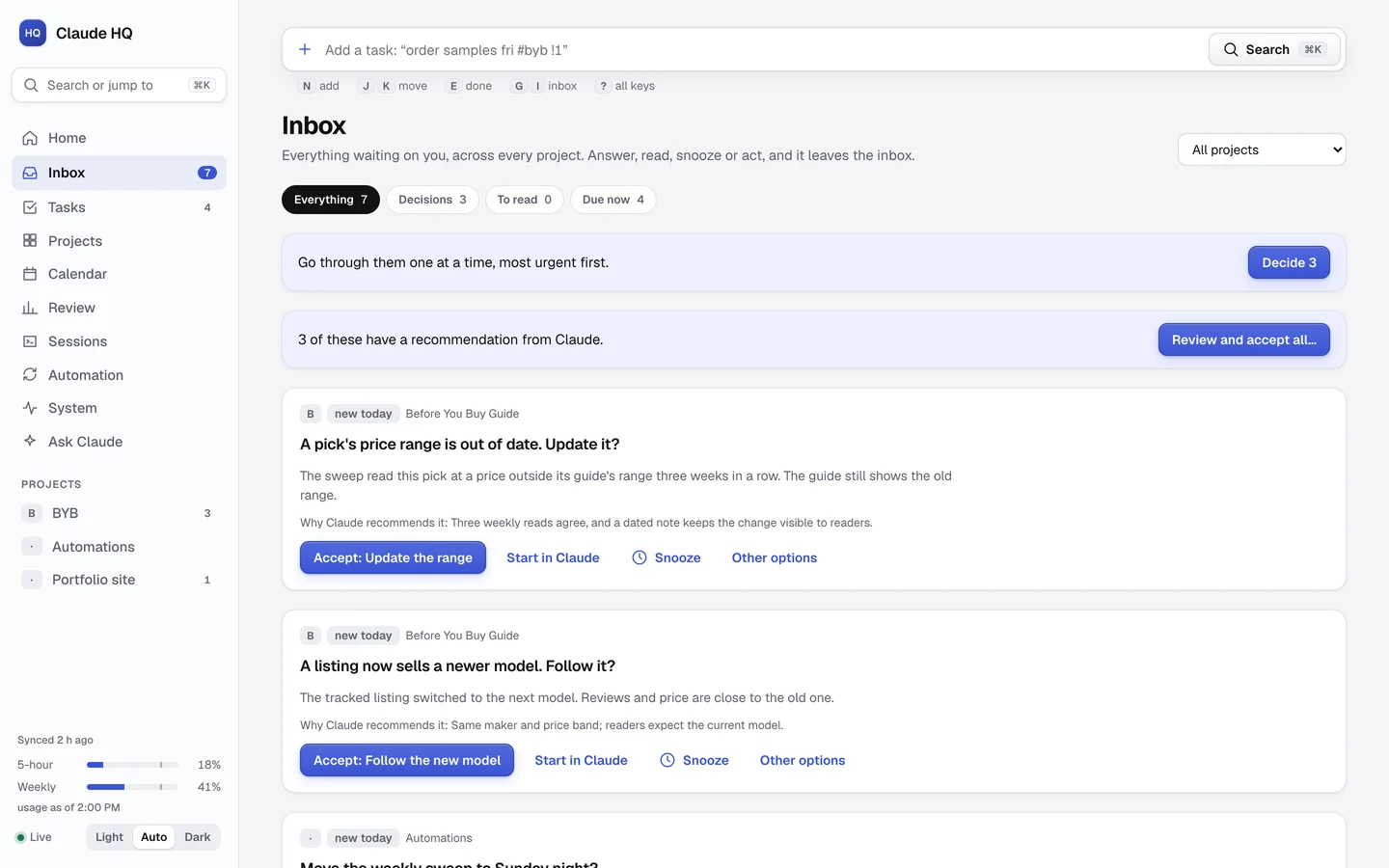 Claude HQ inbox with sample data: decision cards for a buying-guide business, each with a recommendation and an Accept button.